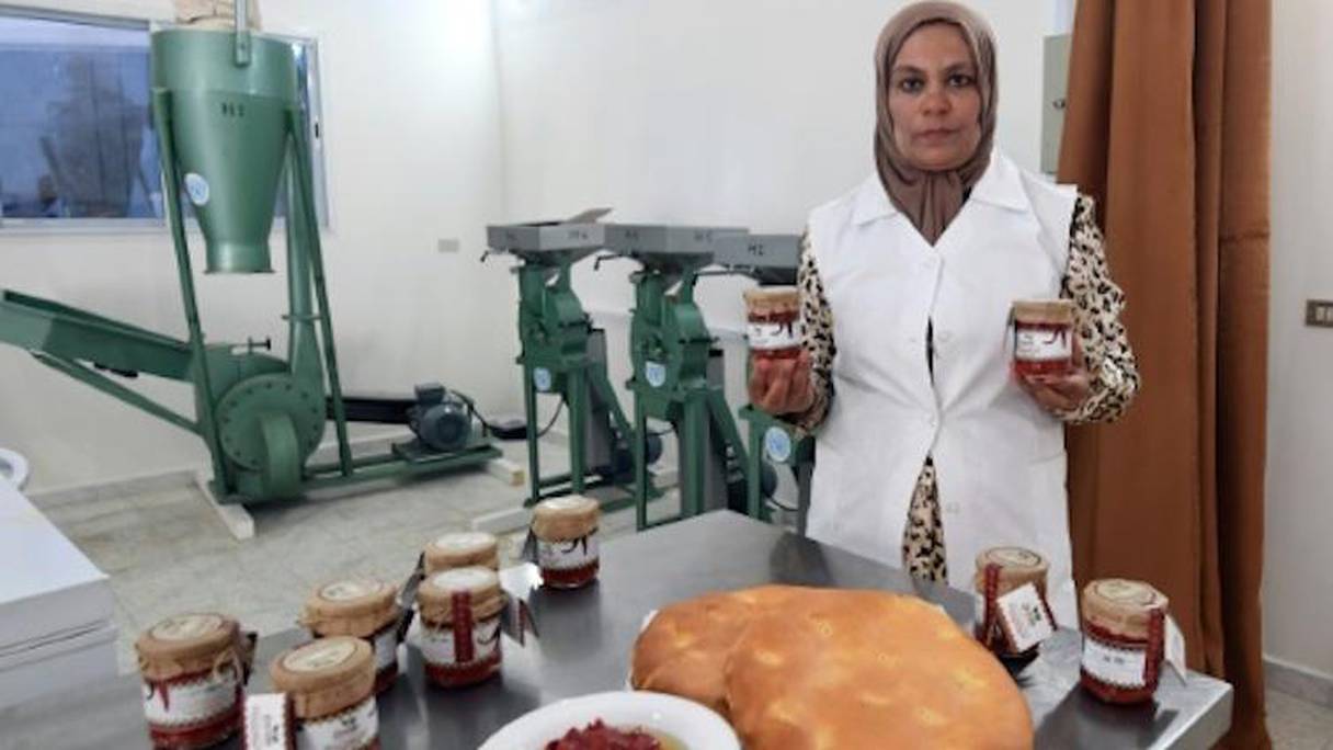 Najoua Dhiflaoui montre ses produits de harissa traditionnelle -piments séchés, épices et huile d'olive- dans sa petite ccopérative à Menzel Mhiri dans le centre de la Tunisie, le 13 juillet 2017