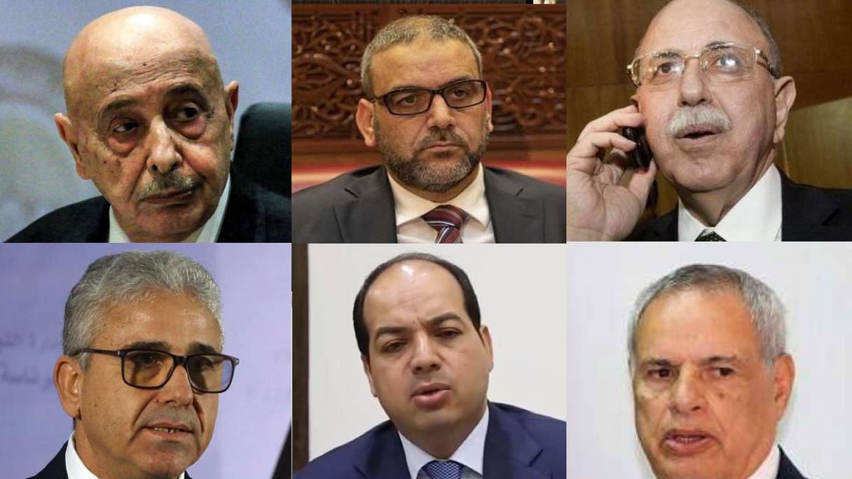 Les candidats aux postes de président et de ministre de l'Intérieur libyens. (En haut) Aguila Saleh, Khaled el-Mechri, Oussama Jouili (En bas) Fathi Bachaga, Ahmed Meitig, Mohammad, Fathi