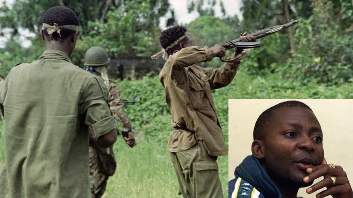 Une scène de la guerre du Liberia (1999 et 2003) avec Gibril Massaquo surnommé à l'époque "l'Ange Gabriel" en médaillon. 