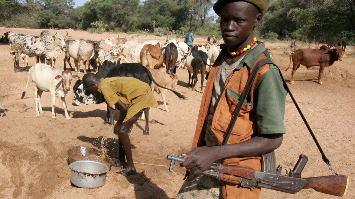 Un pasteur armé fusil mitrailleur, protégeant son bétail. 