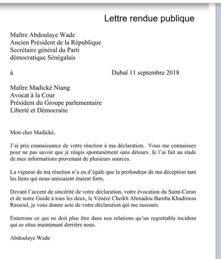 Courrier adressé par Abdoulaye Wade à Madické Niang, pour enterrer la hache de guerre