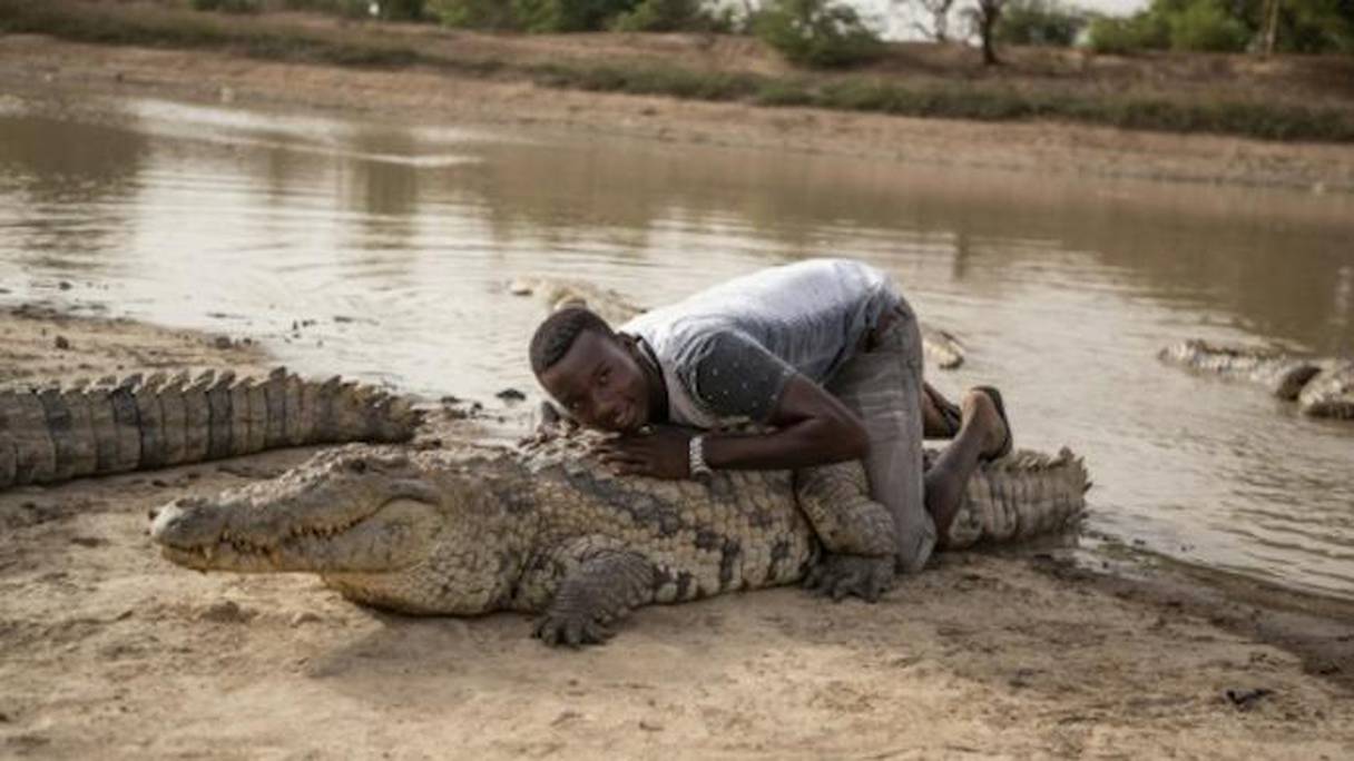 Un garçon s'allonge sur le dos d'un crocodile, le 19 mai 2018 à Bazoulé, au Burkina Faso.
