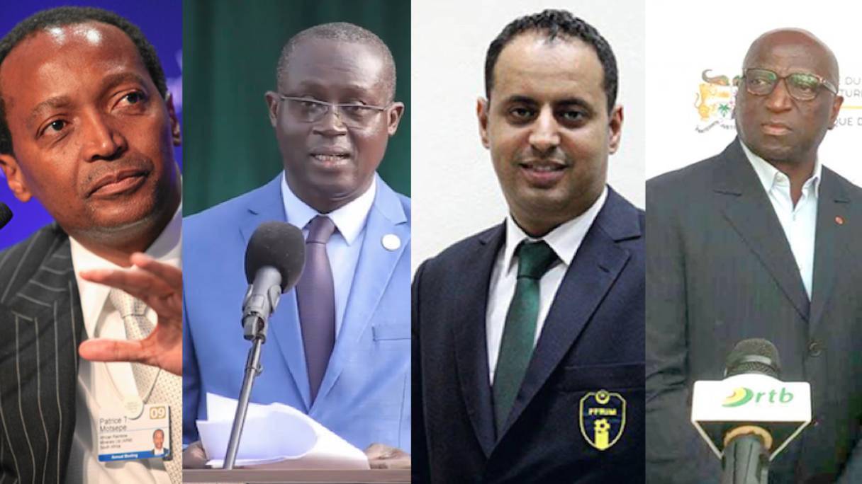 Les 4 candidats à la présidence de la CAF (de gauche à droite): Patrice Motsepe (Afrique du Sud), Augustin Senghor (Sénégal), Ahmed Yahya (Mauritanie) et Jacques Anouma (Côte d'Ivoire).