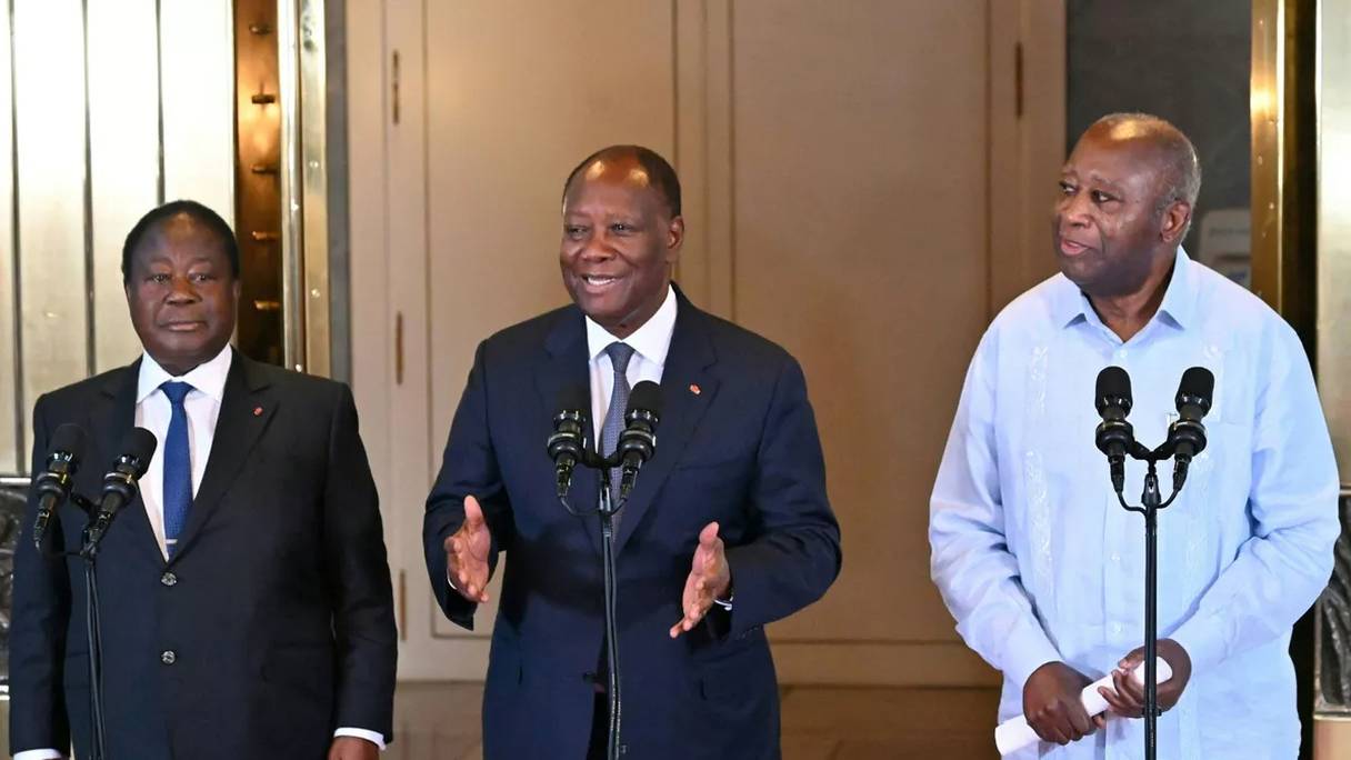 Henri Konan Bédié, Alassane Ouattara et Laurent Gbagbo, le 14 juillet 2022 à Abidjan.