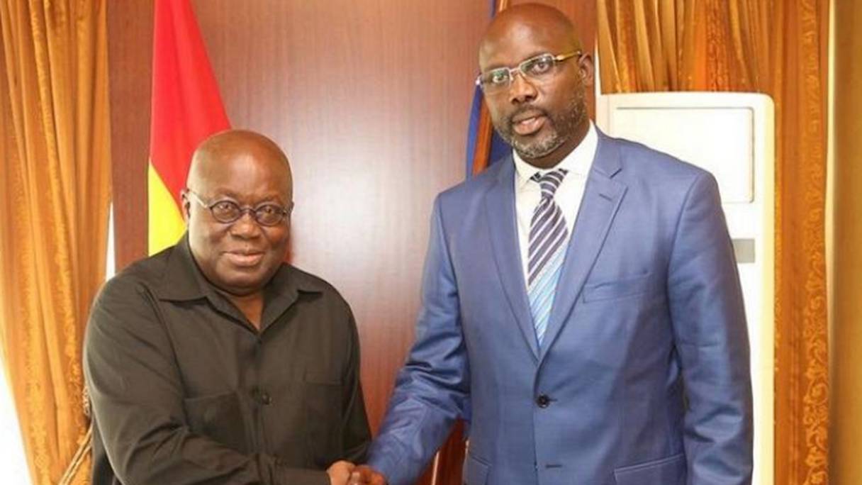 George Weah, candidat à la présidentielle libérienne d'octobre prochain, avec le président du Ghana, Nana Akuffo-Addo. 