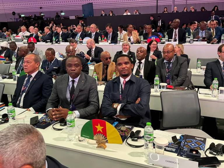 Samuel Eto'o, président de la Fecafoot, au 74e congrès de la FIFA le17 mai 2024 à Bangkok.