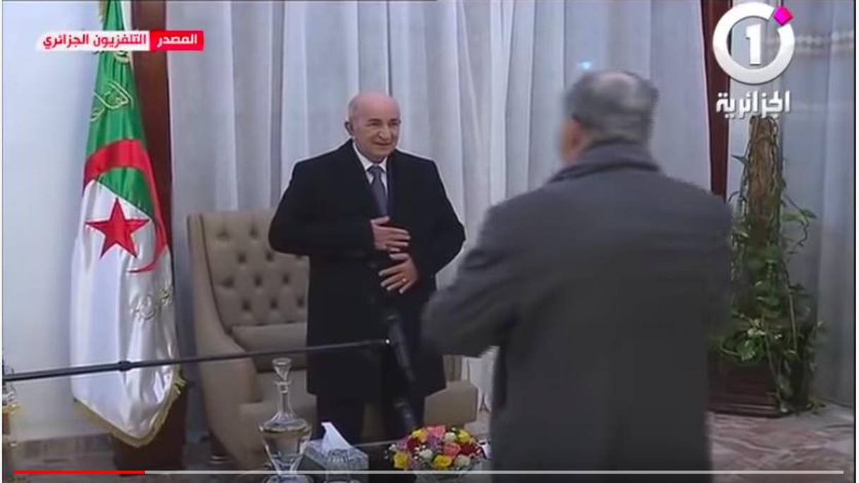Capture écran de l'apparition de Abdelmadjid Tebboune sur la chaîne de télévision nationale algérienne le 12 février 2021. 