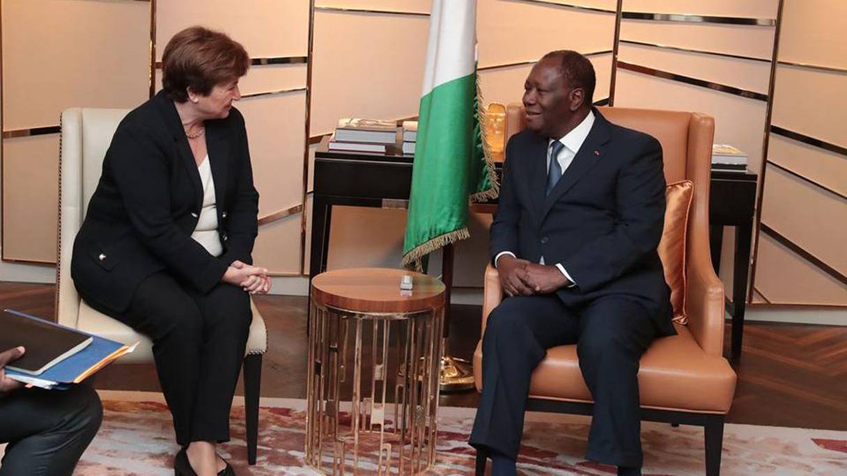 Kristalina Georgieva et Alassane Ouattara, lors d'une récente visite de la directrice du FMI à Abidjan. 