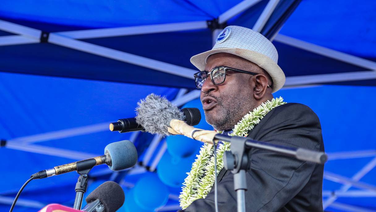 Le candidat présidentiel des Comores et président sortant Azali Assoumani s'adresse à ses partisans le 18 mars 2019 à Koimbani, aux Comores.