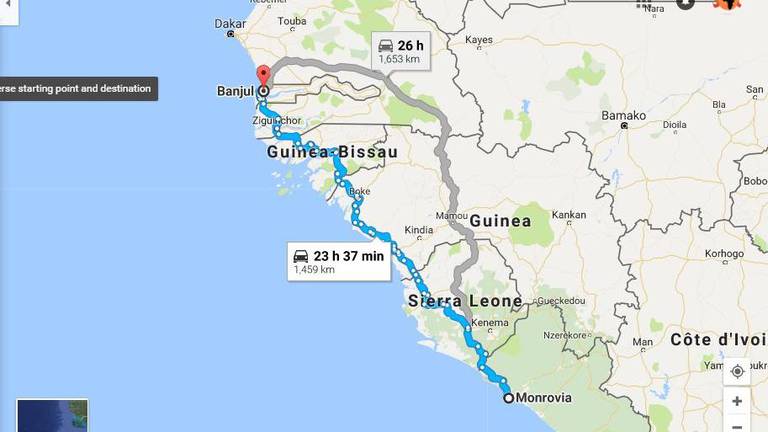 Entre Monrovia et Banjul, il faut bien parcourir plus de 1500km et traverser 6 frontières avant de défendre la State House. 