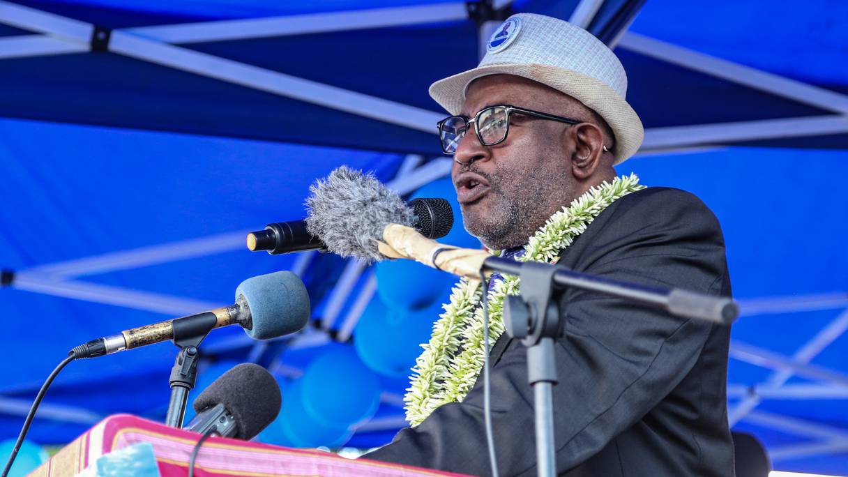 Le candidat présidentiel des Comores et président sortant Azali Assoumani s'adresse à ses partisans le 18 mars 2019 à Koimbani, aux Comores.