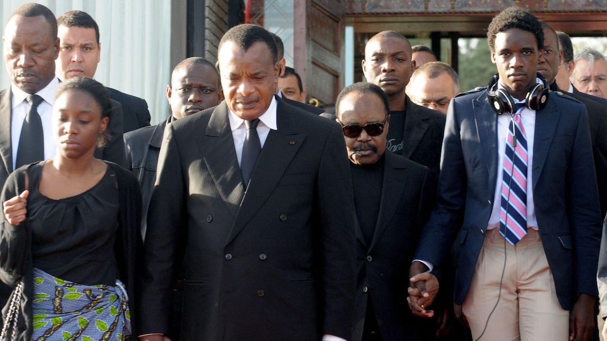 Omar Bongo, Denis Sassou Nguesso, lors des funérailles d'Edith Lucie Bongo à Rabat, entourés des deux enfants du couple.