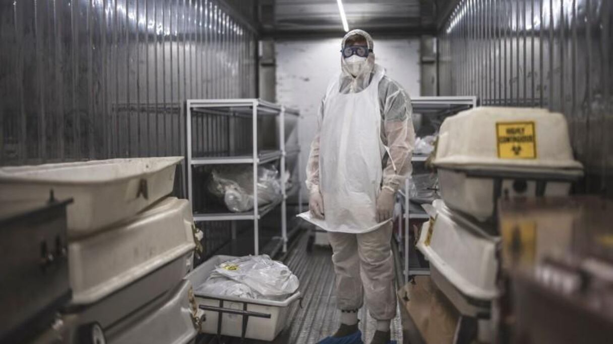 Des containers réfrigérés installés dans la cour d'une morgue de Johannesburg pour entreposer les morts du Covid-19.