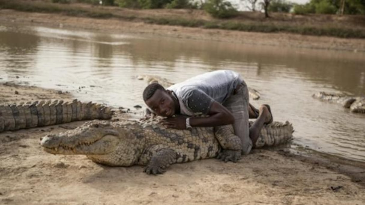 Un garçon s'allonge sur le dos d'un crocodile, le 19 mai 2018 à Bazoulé, au Burkina Faso.