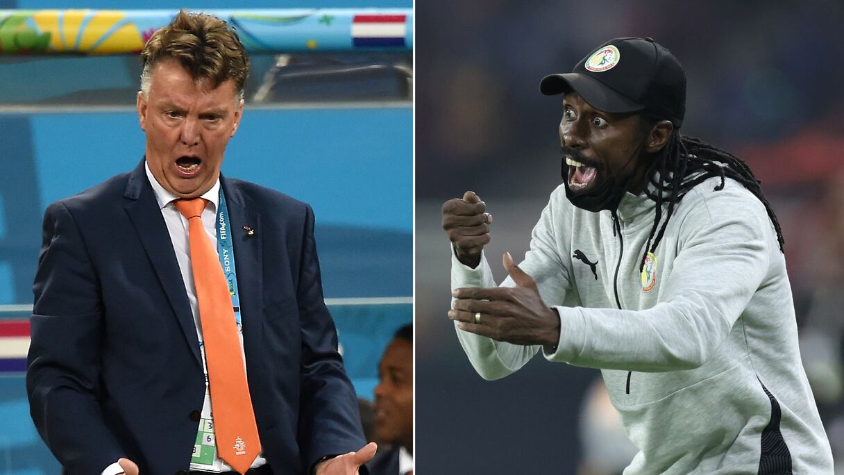 (COMBO) Dans cette combinaison d'images de fichiers créées à Doha le 18 novembre 2022, avant le match de football du groupe A de la Coupe du monde Qatar 2022 entre les Pays-Bas et le Sénégal au stade Al-Thumama de Doha le 21 novembre 2022, (L) L'entraîneur des Pays-Bas Louis van Gaal (L) gestes lors de la demi-finale du match de football entre les Pays-Bas et l'Argentine de la Coupe du Monde de la FIFA au Corinthians Arena de Sao Paulo le 9 juillet 2014, et (R) l'entraîneur-chef du Sénégal Aliou Cisse gestes pendant le match de football de la finale de la Coupe d'Afrique des Nations (CAN) 2021 entre le Sénégal et l'Egypte au stade d'Olembe à Yaoundé le 6 février 2022. pour accueillir la Coupe du monde. Les Pays-Bas affrontent le Sénégal lundi au stade Al-Thumama de Doha. (Photo de Kenzo TRIBOUILLARD et Pedro UGARTE / AFP)