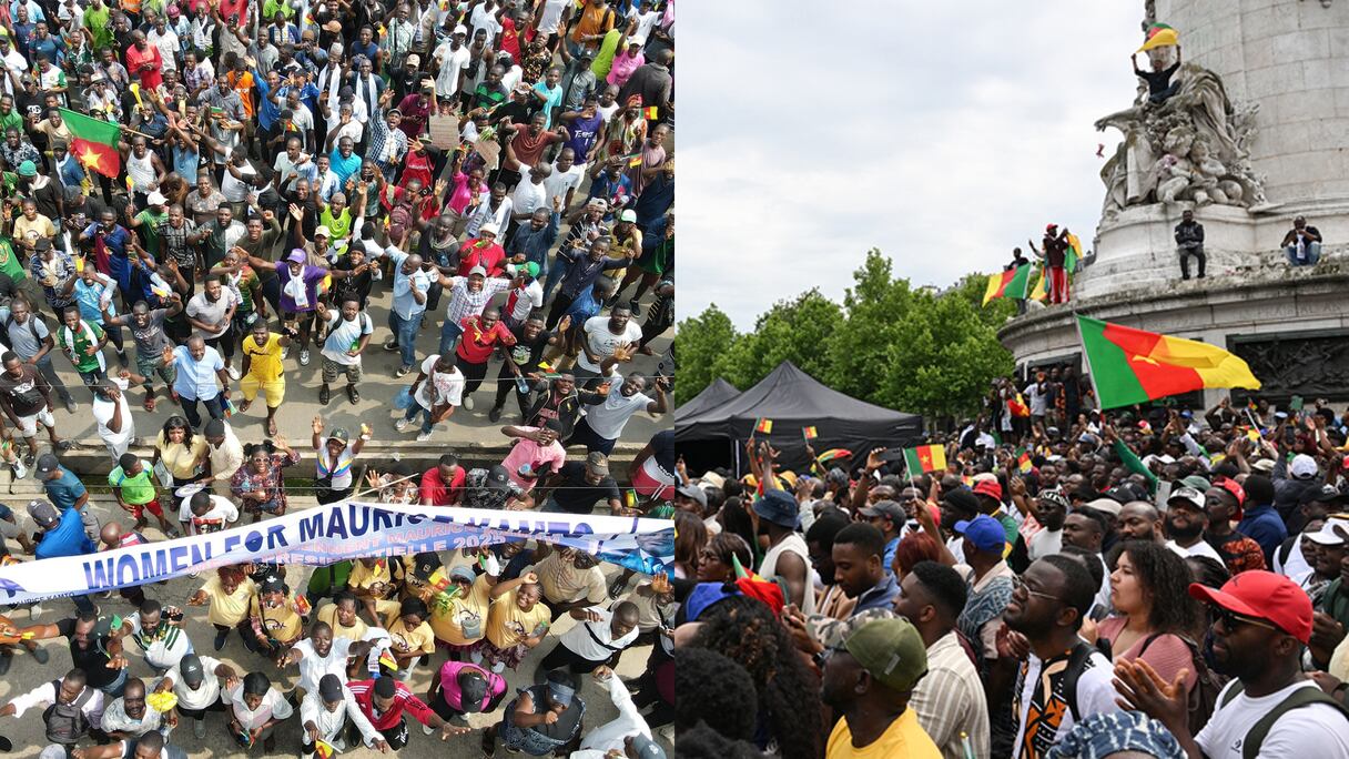 Les deux rassemblements de l'opposant camerounais Maurice Kamto à Paris, le 31 mai, et à Douala, le 8 juin.