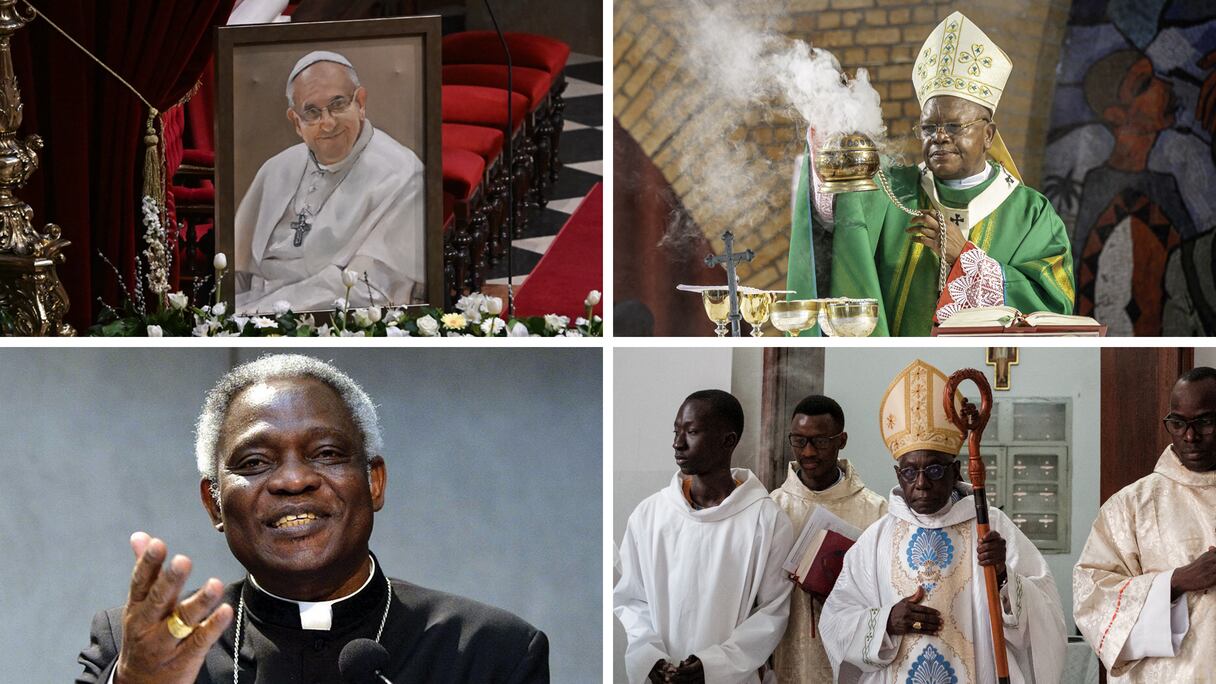 Portrait du pape François à la basilique St Stefan de Budapest, le cardinal Fridolin Ambongo (RDC), le cardinal Peter Turkson (Ghana) et le cardinal Robert Sarah (Guinée).