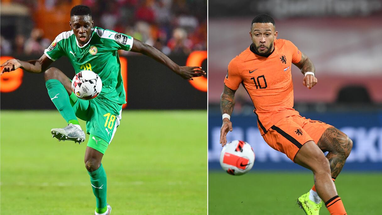 (COMBO) Dans cette combinaison d'images de fichiers créées à Doha le 18 novembre 2022, avant le match de football du groupe A de la Coupe du monde Qatar 2022 entre les Pays-Bas et le Sénégal au stade Al-Thumama de Doha le 21 novembre 2022, (L) L'attaquant sénégalais Ismaila Sarr contrôle le ballon lors du match de football final de la Coupe d'Afrique des Nations (CAN) 2019 entre le Sénégal et l'Algérie au stade international du Caire au Caire le 19 juillet 2019, et (à droite) l'attaquant néerlandais Memphis Depay contrôle le ballon pendant le tour de qualification de la Coupe du Monde de la FIFA, Qatar 2022, match de football du groupe G entre les Pays-Bas et la Norvège au stade Feijenoord de Rotterdam le 16 novembre 2021. accueillir la Coupe du monde. Les Pays-Bas affrontent le Sénégal lundi au stade Al-Thumama de Doha. (Photo de JOHN THYS et Giuseppe CACACE / AFP)