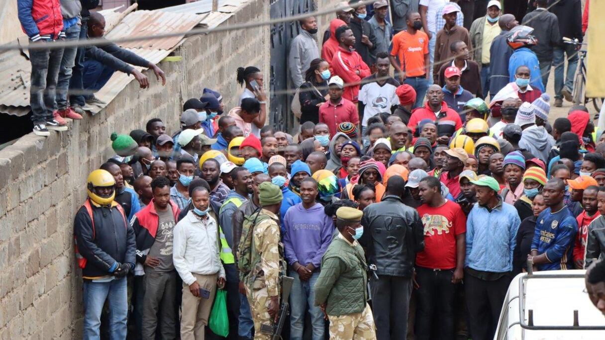 La foule amassée pour assister à la capture du lion échappé du parc national de Nairobi.