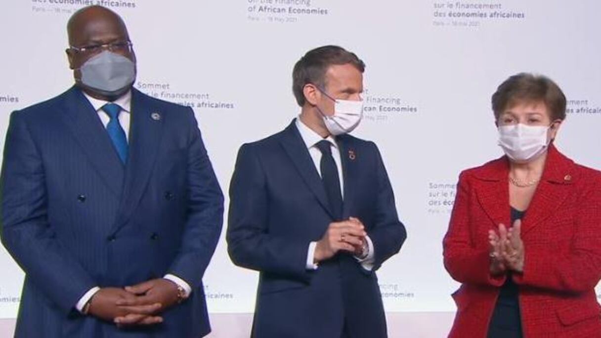 Félix Tshisekédi, président de la RDC et de l'Union africaine, Emmanuel Macron, président de la France, et Kristalina Georgieva, directrice du Fonds monétaire international (FMI).