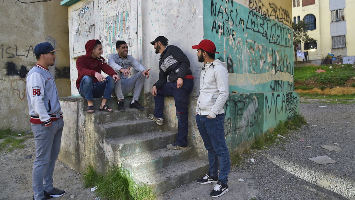 Un groupe de jeunes chômeurs dans un quartier populaire d'Alger, en février 2019. Rien n'a changé depuis.