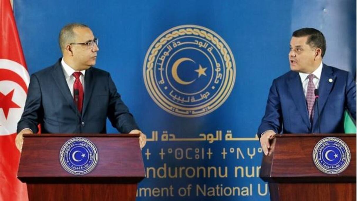 Hichem Mechichi, Premier ministre de la Tunisie, et Abdelhamid Dbeibah, chef du gouvernement libyen de transition.