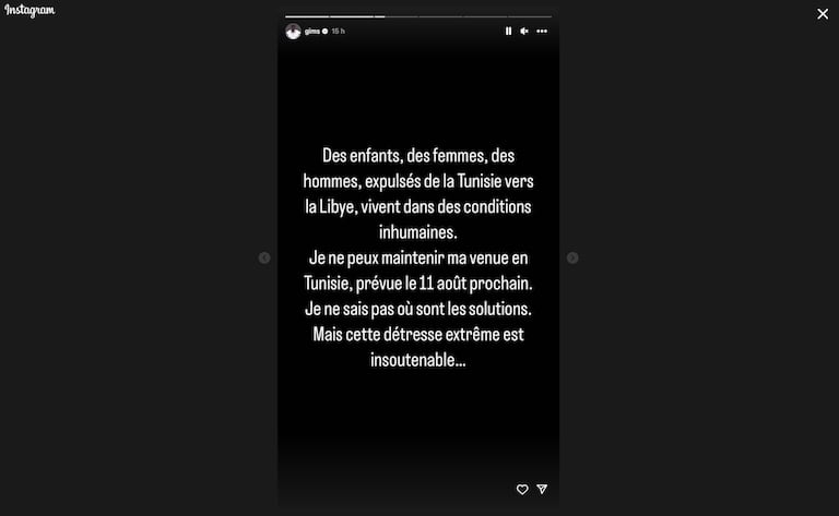 Capture d'écran de la story de Gims, publiée le 30 juillet 2023 sur instagram.