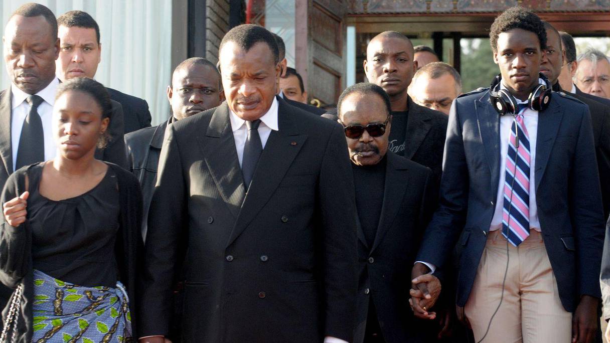 Omar Bongo, Denis Sassou Nguesso, lors des funérailles d'Edith Lucie Bongo à Rabat, entourés des deux enfants du couple.