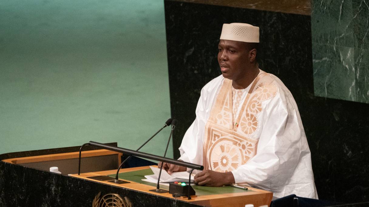Le Premier ministre par intérim du Mali Abdoulaye Maiga s'adresse à la 77e session de l'Assemblée générale des Nations Unies, au siège des Nations Unies à New York, le 24 septembre.